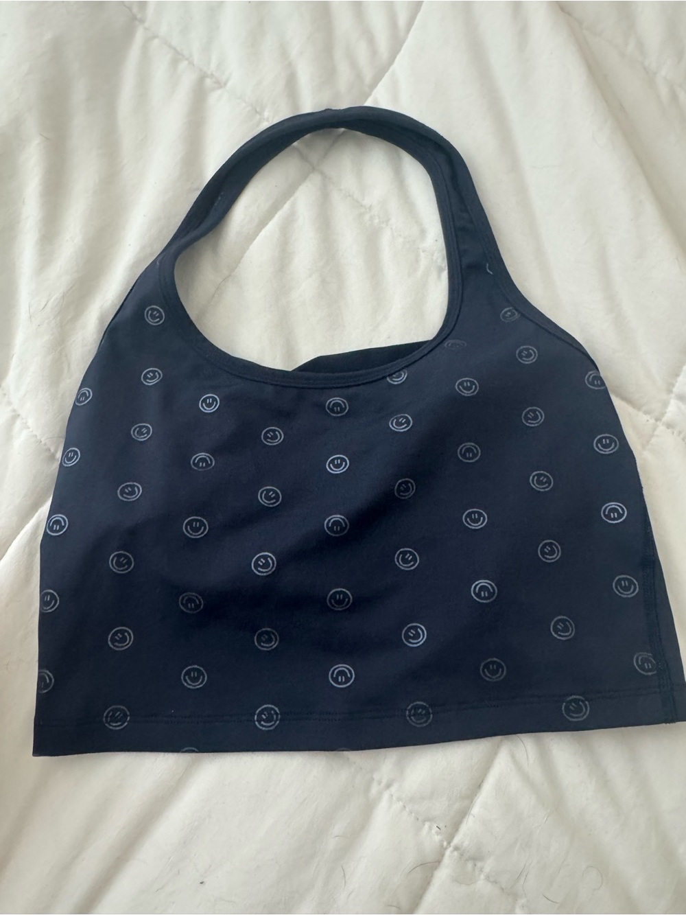 Beyond Yoga Navy Crop Tank with Small Smiley Print